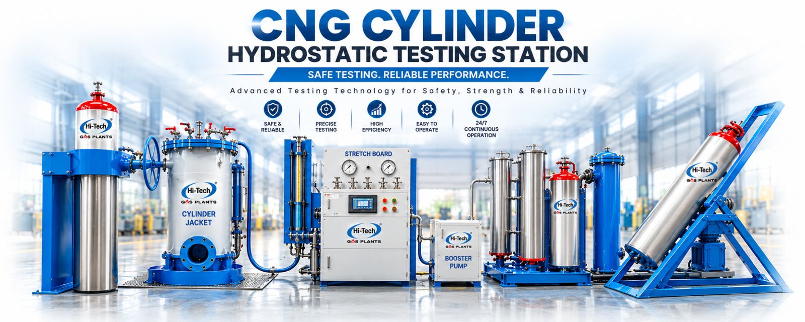 CNG Cylinder Hydrostatic Testing Station CNG cylinder hydrostatic testing station manufactured by Hi-Tech Gas Plants, featuring a water jacket testing system, high-pressure booster pump, control panel and industrial cylinder testing equipment.